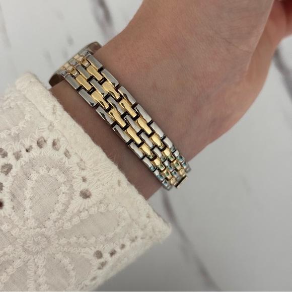 Two-Tone Luxury Square Face Vintage Watch with Crystal Accents - Picture 3 of 5